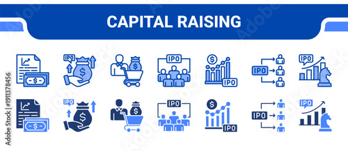 Capital Raising Icon Collection,  featuring Primary market, Capital raising specialist, Investor, Participant, IPO market, Public, Strategy.