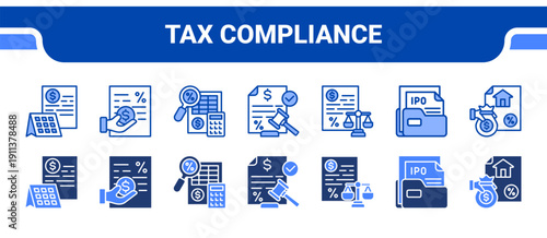 Tax Compliance Icon Collection,  featuring Tax, Income tax, Tax audit, Compliance, Taxpayer, Filing, Administration.