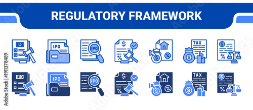 Regulatory Framework Icon Collection,  featuring Regulations, Filing, Disclosure, Compliance, Administration, Corporate, Taxpayer.