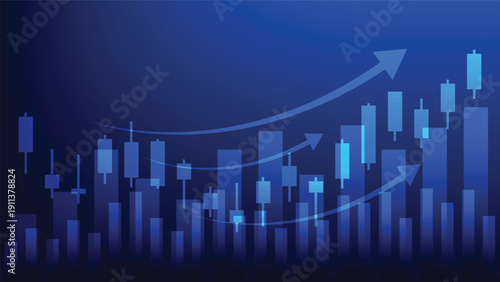 financial market trend. candlesticks chart with bar graph and  arrow up on blue background