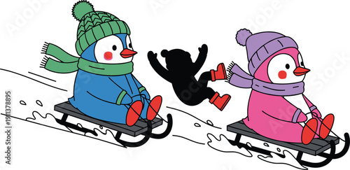 Cute Cartoon Penguins Riding Sleds in Winter Snow with Playful Falling Character Illustration