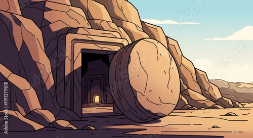 Ancient tomb entrance with a large stone boulder rolled aside desert landscape biblical resurrection concept illustration