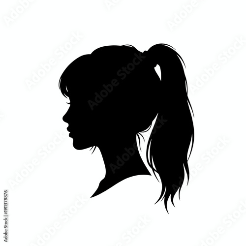 Vector illustration of a fashion lady profile with long hair and black silhouette head design featuring a stylish hairstyle line art sketch