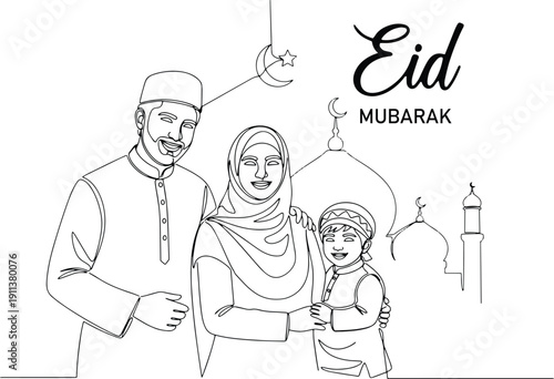 Muslim family with mosque and crescent moon line art for Eid Mubarak.
