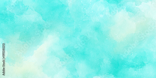 A soft swirling watercolor background in shades of turquoise aqua and pale yellow creates a calming abstract visual texture