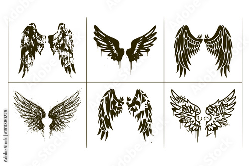 Grunge Angel Wings Street Art Set of 6 Black & White Urban Brush Drawn Elements