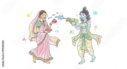 Lord Krishna and Radha playing Holi with colors traditional Indian festival celebration watercolor illustration on white background