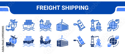 Freight Shipping Icon Collection,  featuring Freight, Shipment, Cargo ship, Shipping container, Cargo handling, Port, Logistics.