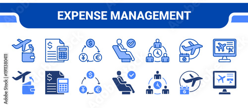 Expense Management Icon Collection,  featuring Expenses, Expense, Currency, Business, Meeting, Arrangements, Booking.