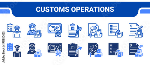 Customs Operations Icon Collection,  featuring Customs clearance, Customs broker, Export license, Export document, Import, Export, Trade.
