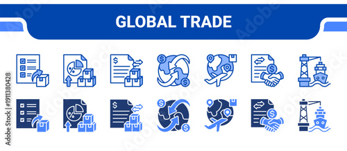 Global Trade Icon Collection,  featuring Export, Import, Trade, Global trade, International shipping, Trade agreement, Port.