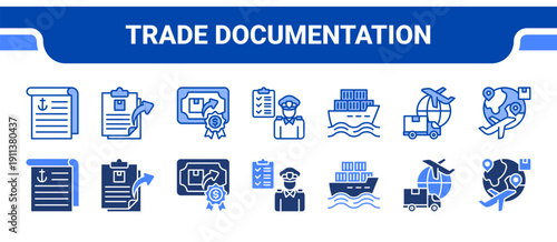 Trade Documentation Icon Collection,  featuring Bill of lading, Export document, Export license, Customs clearance, Shipment, Freight, International shipping.