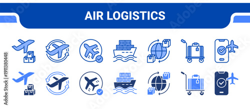 Air Logistics Icon Collection,  featuring Air Freight, Airport, Flight, Shipment, Logistics, Luggage, Boarding.