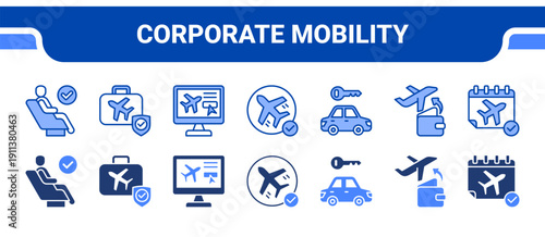 Corporate Mobility Icon Collection,  featuring Business, Travel, Booking, Flight, Car, Expenses, Itinerary.