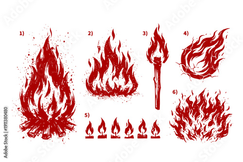 Grunge Fire Flames Set of 6 Black & White Textured Isolated Elements
