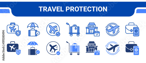 Travel Protection Icon Collection,  featuring Travel, Insurance, Flight, Luggage, Reservation, Airport, Visa.