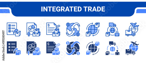 Integrated Trade Icon Collection,  featuring Export, Import, Trade, Global trade, Logistics, Supply chain, Freight.