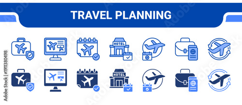 Travel Planning Icon Collection,  featuring Travel, Booking, Itinerary, Reservation, Arrangements, Visa, Airport.