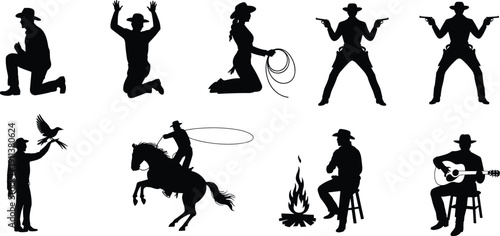 Cowboy and cowgirl silhouettes in western poses, lasso, pistols, horse riding, guitar playing, campfire scene, American frontier culture