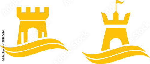 Simple castle and fortress tower icons in yellow silhouette style