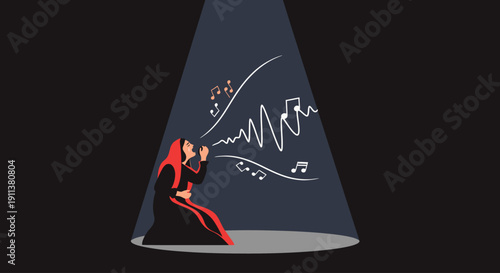 A powerful flat design illustration capturing the emotional intensity of a 'saeta', the traditional flamenco song sung during Semana Santa.