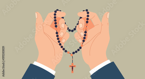 A minimalist flat design illustration of hands devoutly holding a rosary, symbolizing prayer and faith during Semana Santa. This clean vector image represents spiritual contemplation.
