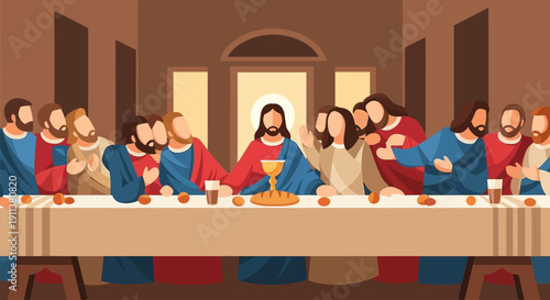This flat design illustration offers a minimalist, abstract interpretation of The Last Supper, emphasizing its spiritual significance and unity. 