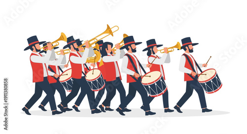 A dynamic flat design illustration capturing a 'banda de música' playing traditional instruments during a Holy Week procession. 