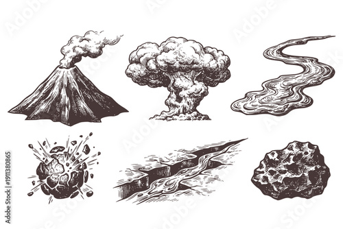 Volcano Eruption Elements Engraving Set of 6 Black and White Isolated Illustrations