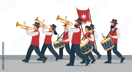 This flat design illustration depicts a family reverently observing a Semana Santa procession from a balcony, highlighting the generational tradition. 