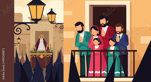 This flat design illustration depicts a family reverently observing a Semana Santa procession from a balcony, highlighting the generational tradition. 