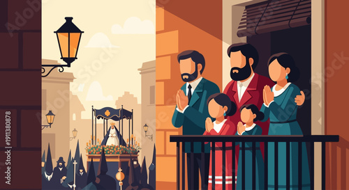 This flat design illustration depicts a family reverently observing a Semana Santa procession from a balcony, highlighting the generational tradition. 