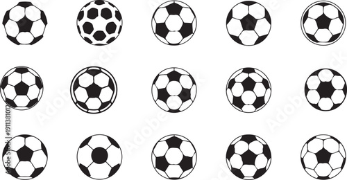 Many soccer balls icons on grey background, football sport concept