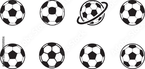 Soccer ball icon set with various black and white football designs for sports logo layout