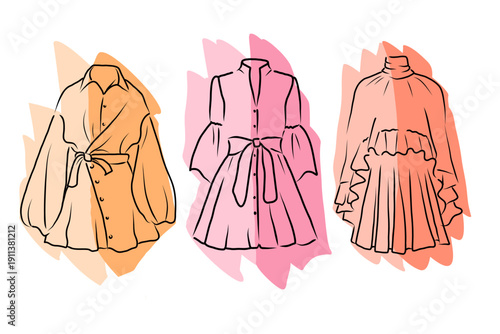 Fashion illustration of elegant female dresses, trendy women's outfit sketches with soft pastel shapes, vector hand drawn apparel collection.