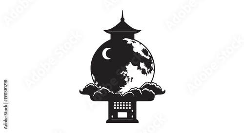 Pagoda with Globe and Moon in Minimalist Silhouette on White Background for Spiritual Concept Art
