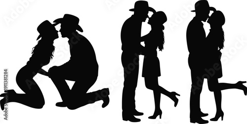 Romantic cowboy couple silhouettes kissing and proposing, western love story concept with hats, boots and country romance scene