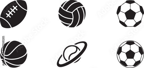 Black silhouette sports equipment icons with various ball types for tournament advertising