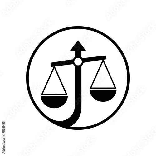 Black and white icon of scales of justice in a circle, symbolizing law and balance