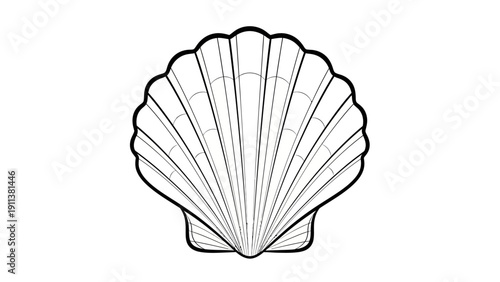 Black and White Outline of a Scallop Shell, Simple Vector Illustration