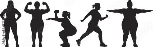 Silhouette fitness poses showcasing strength, exercise, workout, running, squats, and healthy lifestyle activities for gym and training concepts