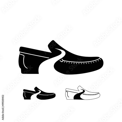 Black and white moccasin shoe icon, minimalist design, vector illustration