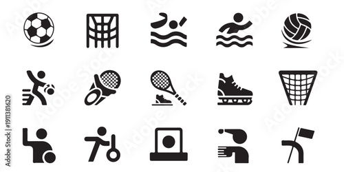 Athletic activity symbols set with tennis racket soccer net swimming and referee whistle