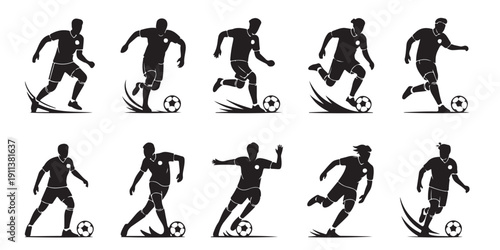 Football player silhouettes set showing athletes dribbling kicking and running with ball