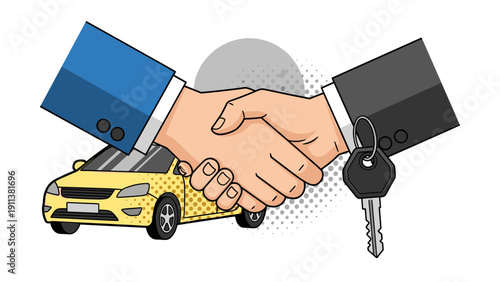 Business agreement handshake with car key exchange in modern style