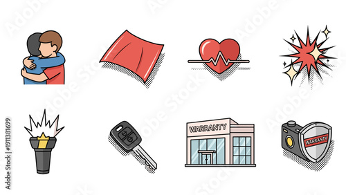 Retro pop art icons: love, insurance, and everyday life