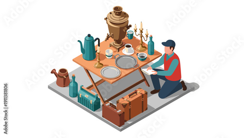 Antique market scene with samovar and vintage items in isometric style