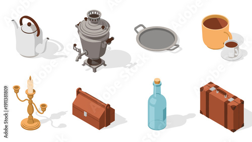 Vintage kitchen and travel items in isometric style on a light