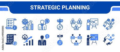 Strategic Planning Icon Collection,  featuring Business plan, Business development, Business advisor, Funding, Investor relations, Pitching, Entrepreneur.
