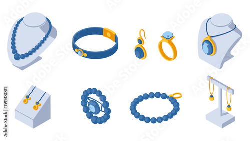 Elegant isometric jewelry collection featuring necklaces, bracelets